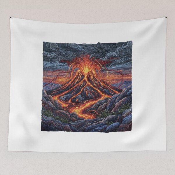 Item preview, Embroidered Volcano Eruption – Fiery Lava Needlepoint Art Molten Mountain Peak – Faux Stitch Volcanic Landscape designed and sold by Gurjeetpixelart.