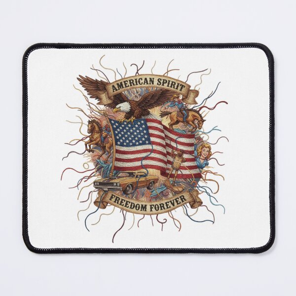 Item preview, American Spirit Freedom Forever – Patriotic Faux Embroidery Vintage Americana Needlepoint – Eagle, Flag, and Muscle Car Art designed and sold by Gurjeetpixelart.