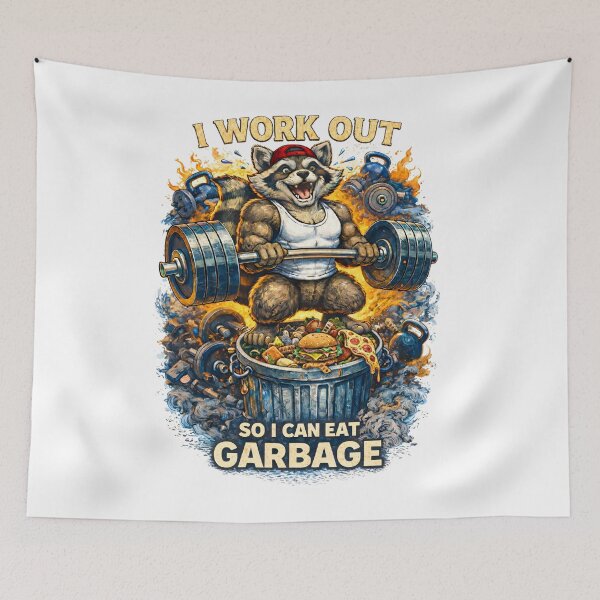 Item preview, I Work Out So I Can Eat Garbage Funny Gym Raccoon Workout Meme designed and sold by JoyBoyStudio1.