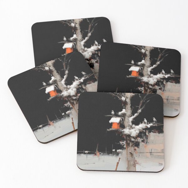 Item preview, Winter Night with Birds and birdhouse on Tree designed and sold by lautir.