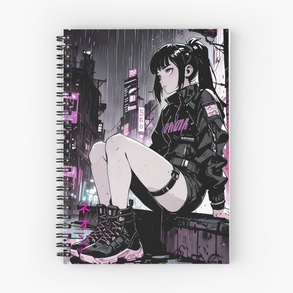 Item preview, NEON: Monochrome Rainy Rooftop Sit | Cute Cyberpunk Anime Girl designed and sold by Sytrics.