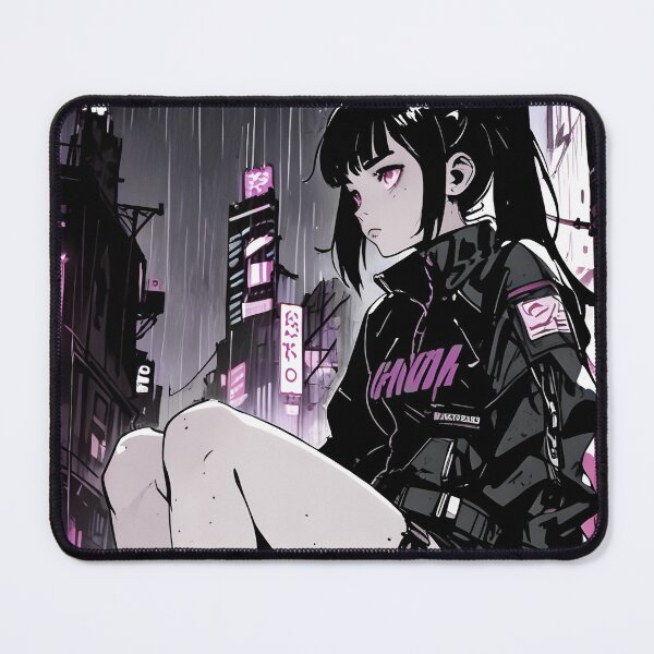 Item preview, NEON: Monochrome Rainy Rooftop Sit | Cute Cyberpunk Anime Girl designed and sold by Sytrics.