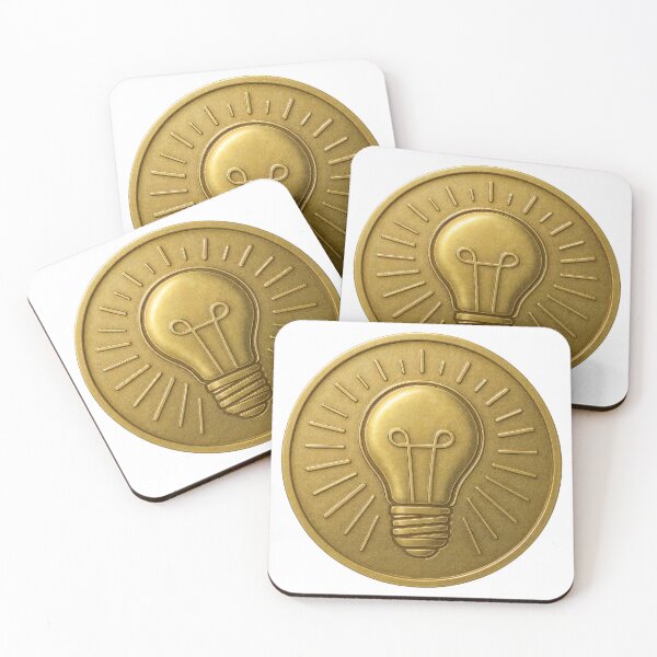 Item preview, Gold medallion with stylized light bulb and rays on black background designed and sold by Creative88Art.