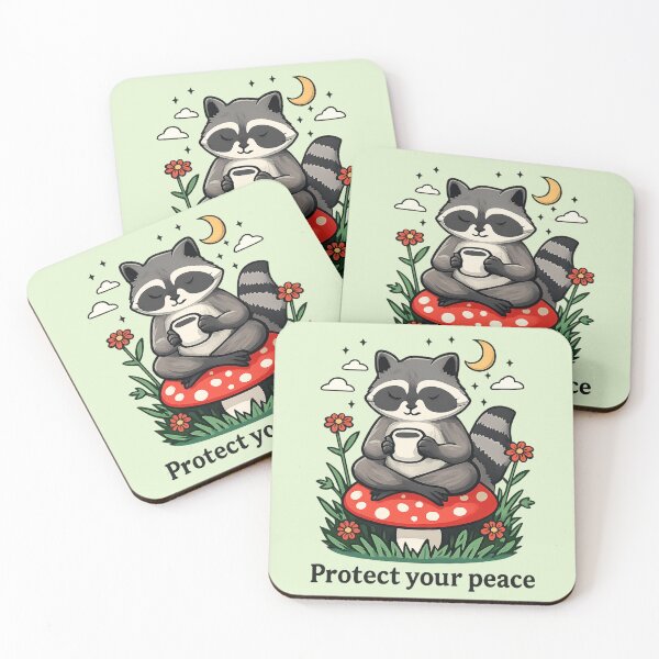Item preview, Raccoon drinking coffee with the phrase “Protect Your Peace” designed and sold by LuloCreative.