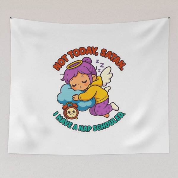 Item preview, A cute and funny “Not Today, Satan” design for everyone whose only real plan today is to nap.  This artwork features a chibi-style angel with purple hair and a golden halo, wearing a bright yellow hoodie and purple pajama pants with stars. The angel is fa designed and sold by Gantchikovart.