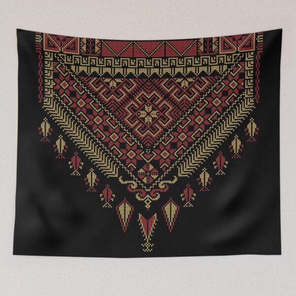 Item preview, Palestinian Tatreez Embroidery Art Design Red Gold on Black designed and sold by Hurriyyatee.