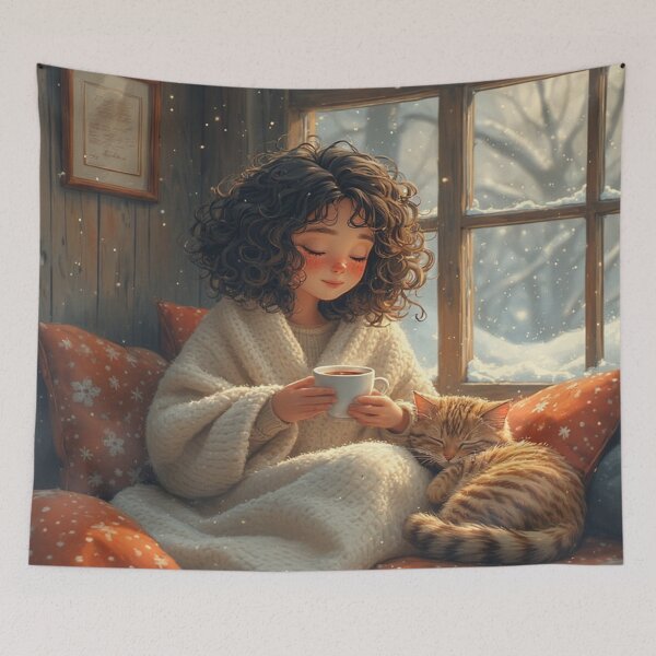 Item preview, Quiet Winter Moment – Cozy Girl & Sleeping Cat Illustration by NegarTv Designs designed and sold by NegarTv Designs.