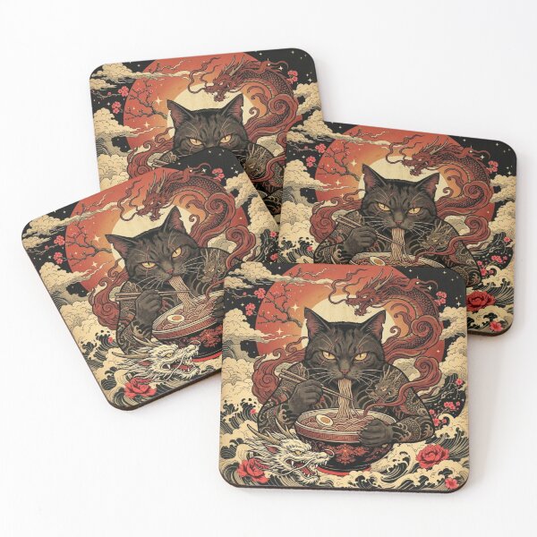 Item preview, Yakuza-Style Cat Eating Ramen – Dragon Tattoos & Ukiyo-e Colors designed and sold by KaryaVisionSTR.