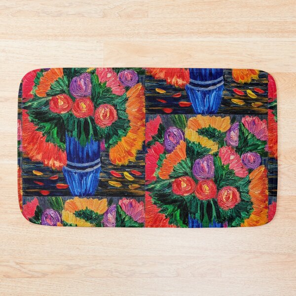 Item preview, Vibrant Orange and Red Flowers in Blue Vase – Textured Acrylic Impasto designed and sold by kkartwork.