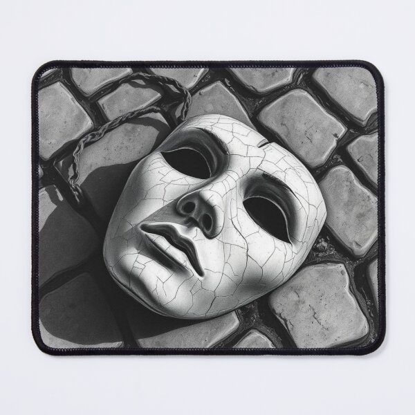 Item preview, Cracked Mask on Cobblestone Street - Surreal Black and White Art Print designed and sold by EllDAV777.