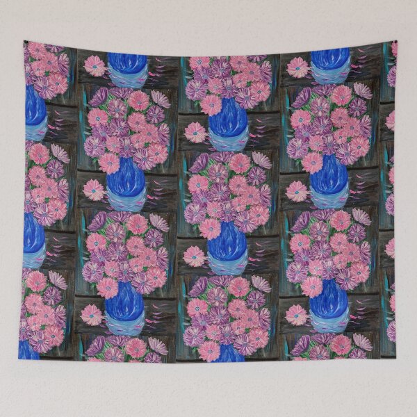 Item preview, Asters rosas y morados en jarrón azul sobre fondo oscuro – Impasto acrílico designed and sold by kkartwork.