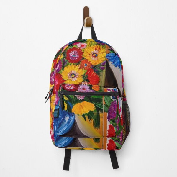 Item preview, Vibrant Red and Yellow Zinnias in Blue Vase – Textured Acrylic Impasto designed and sold by kkartwork.