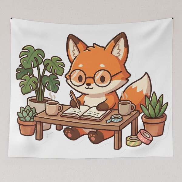 Item preview, Cute Fox Journaling with Plants and Coffee Cozy Creative Aesthetic designed and sold by StickyGuys.