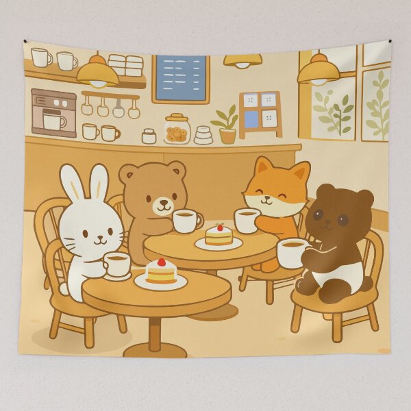 Item preview, Cozy Animal Café Scene with Tea and Cake designed and sold by WanwisaChuenlom.