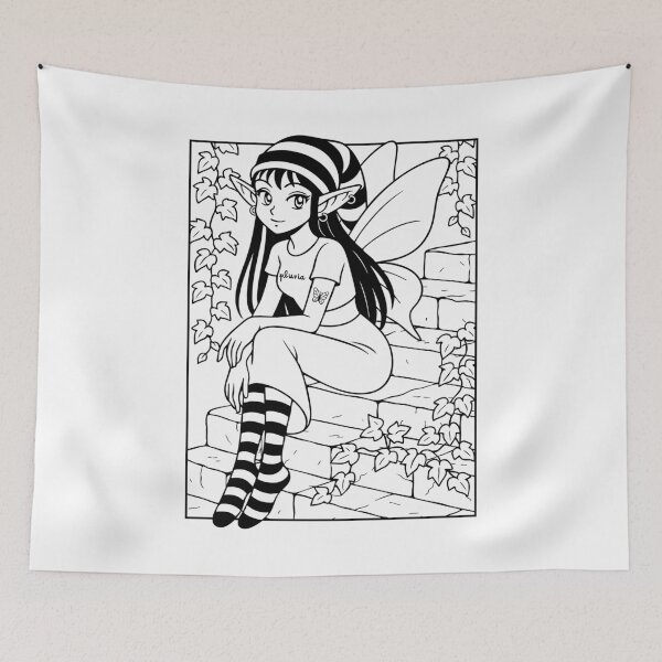 Item preview, Miri - Cozy Bookish Fairy on Ivy Staircase | Black and White pluvia Linework Fantasy Art designed and sold by yearningviolet.