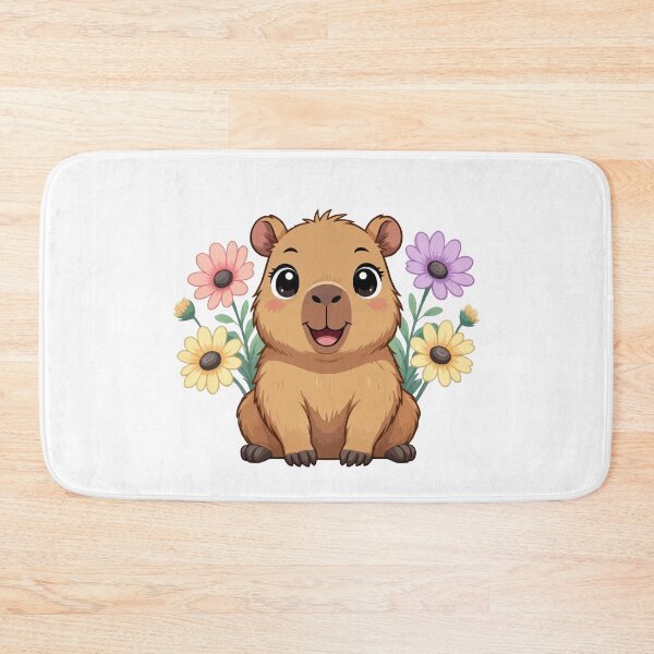 Item preview, Happy Kawaii Capybara Surrounded by Pastel Flowers - Black Background  designed and sold by Blooms & Paws Haven .