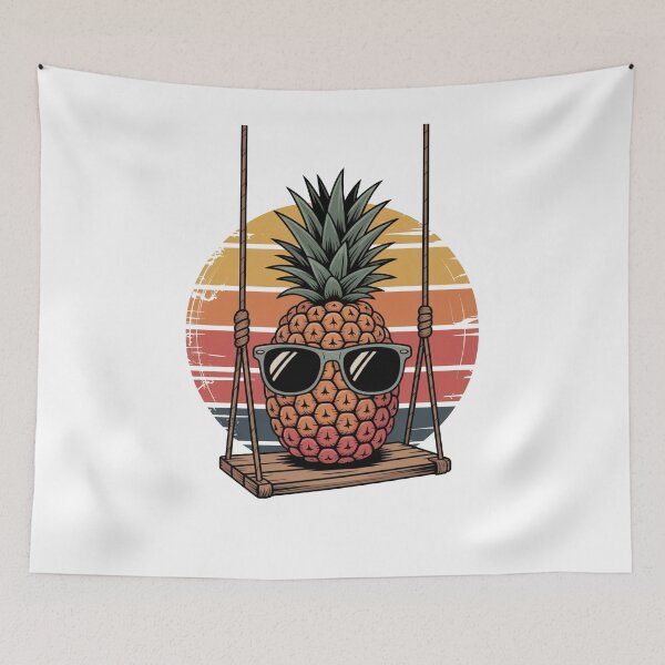 Item preview, Retro Pineapple on a Swing with Sunglasses – Vintage Sunset Tropical Art designed and sold by flagylART.