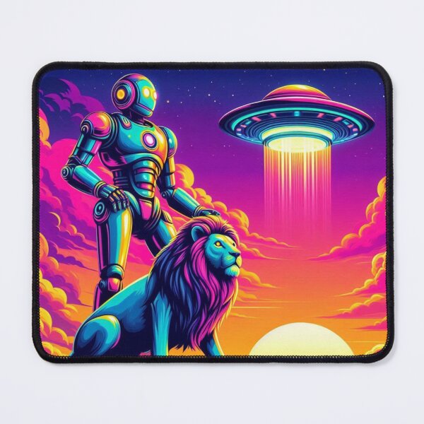Item preview, Neon Ascension – Robot, Lion & UFO Fantasy designed and sold by Dogandesighn.