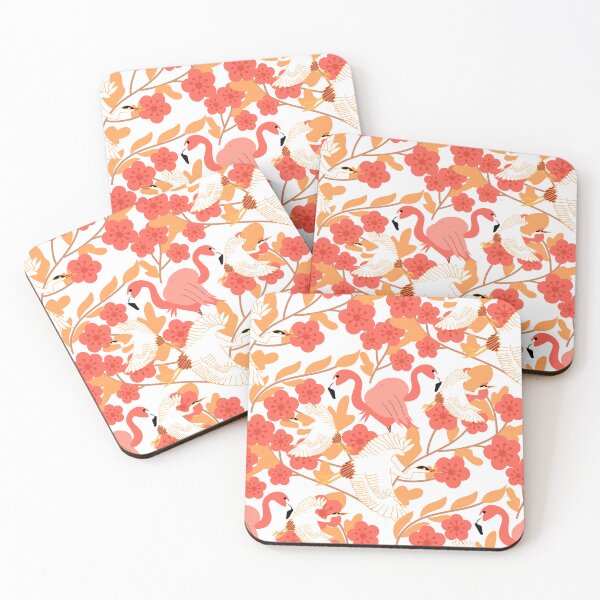 Item preview, Seamless Pattern of Flamingos and Flying Cranes with Cherry Blossoms on Red Background designed and sold by FonFlower.