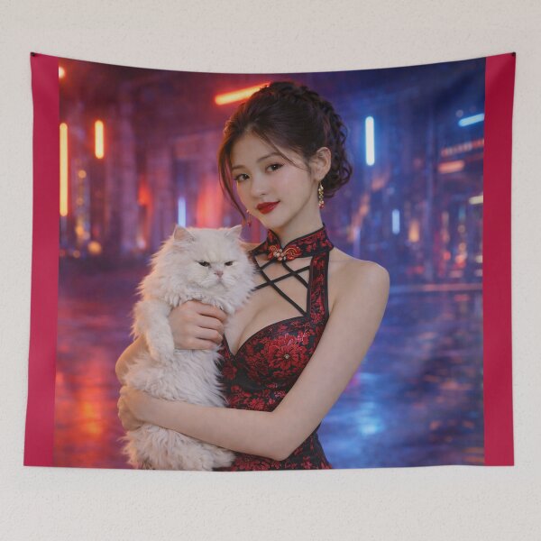 Item preview, Cyberpunk Beauty in Cheongsam Holding White Cat designed and sold by ASMRUniverse.