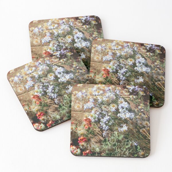 Item preview, Double Exposure: Lechenaultia Blue Ruffles, Chorizema Flame Pea, Rhodantheantemoides Southern Star, Pelargonium Leaves on Brick designed and sold by Melissa Holland.