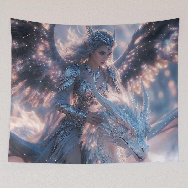Item preview, Celestial Frost Rider – Ice Elemental Warrior Queen Riding Starry Ice Dragon | Fantasy Goddess AI Art designed and sold by SunsetAngelsAI.