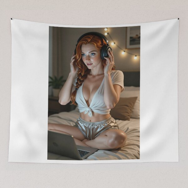 Item preview, Rowan redhead introvert with headphones in bed designed and sold by CathryneDelamort.