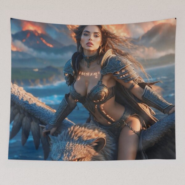 Item preview, Inferno Griffin Rider – Fire Elemental Warrior Queen on Roaring Griffin | Epic Fantasy AI Art designed and sold by SunsetAngelsAI.