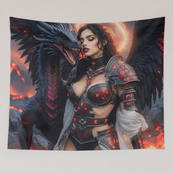 Item preview, Lava Harbinger – Fallen Angel Fire Elemental Queen with Black Lava Dragon | Dark Fantasy AI Art designed and sold by SunsetAngelsAI.