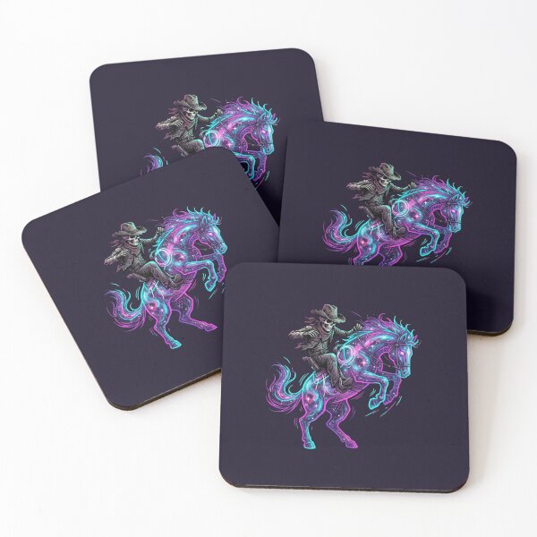 Item preview, Cosmic Cowboy – Neon Skeleton Riding Galaxy Horse (Synthwave Style) designed and sold by MarCinu Art.