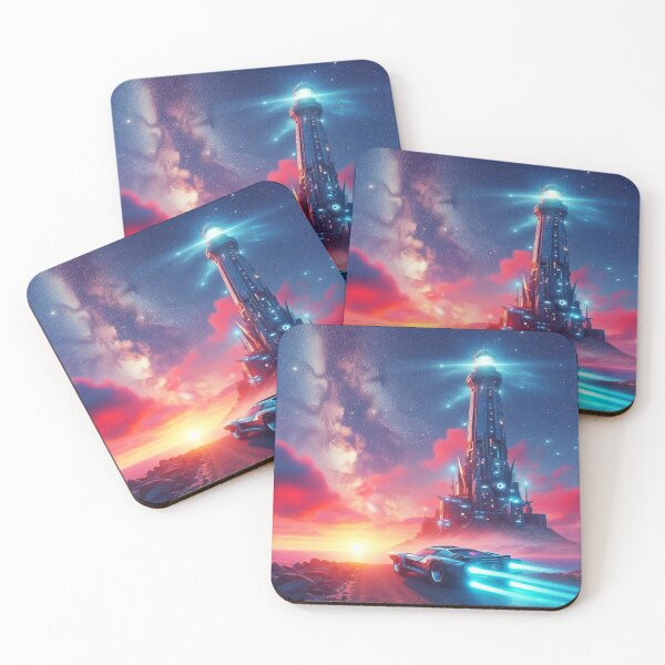 Item preview, Neon Horizon Drive – Futuristic Car & Cosmic Tower designed and sold by Dogandesighn.