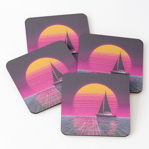 Item preview, Retro futuristic sunset with striped sun and yacht silhouette designed and sold by DoodleMoodSpace.