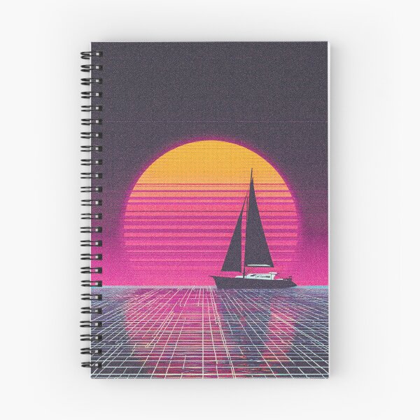 Item preview, Retro futuristic sunset with striped sun and yacht silhouette designed and sold by DoodleMoodSpace.