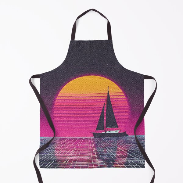 Item preview, Retro futuristic sunset with striped sun and yacht silhouette designed and sold by DoodleMoodSpace.