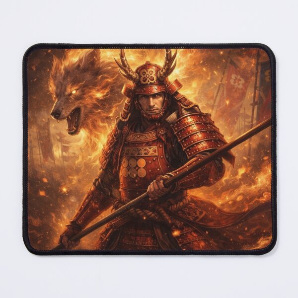 Item preview, Samurai Yukimura with Fire Wolf Spirit – Epic Japanese Warrior Art (Mori no Akari Series) designed and sold by Mori-no-Akari.