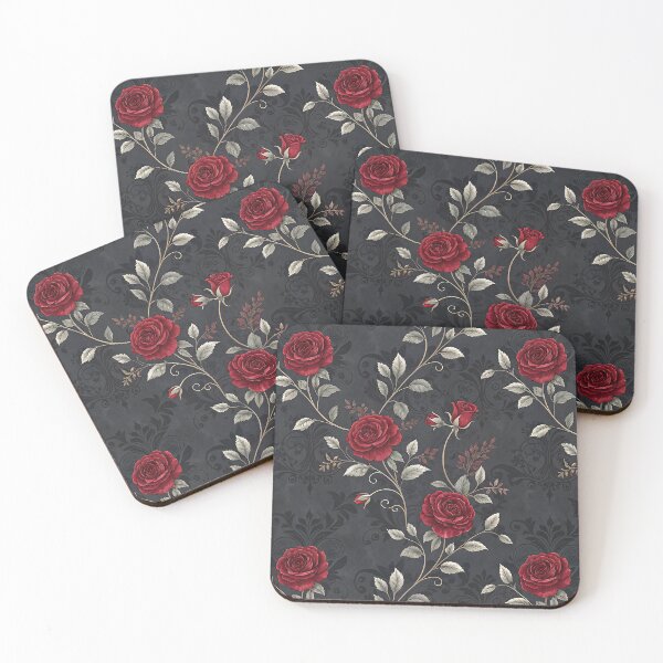 Item preview, Gothic red roses on grey damask background  designed and sold by FatBirdie.