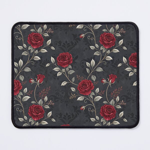 Item preview, Gothic red roses on grey damask background designed and sold by FatBirdie.