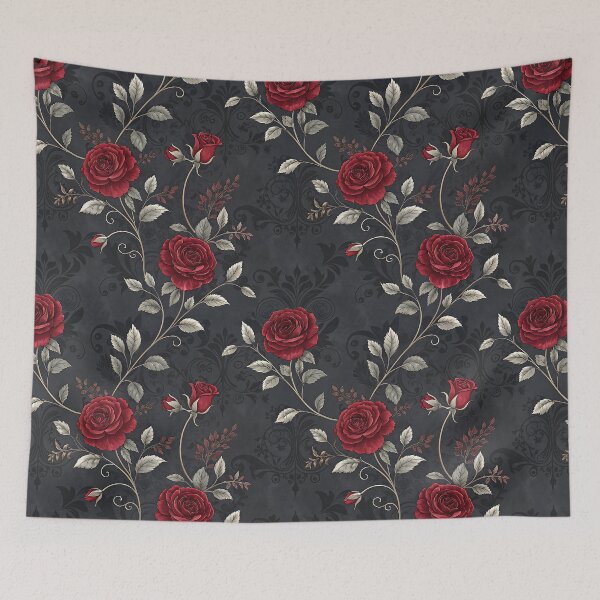 Item preview, Gothic red roses on grey damask background  designed and sold by FatBirdie.