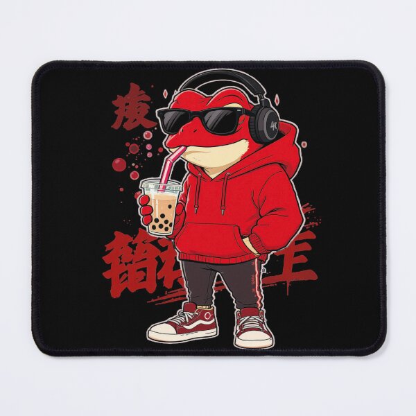 Item preview, Red Frog Drinking Bubble Tea Illustration – Cool Street Frog in Hoodie & Headphones | Japanese Flat Cartoon Art designed and sold by ColorSplash123.