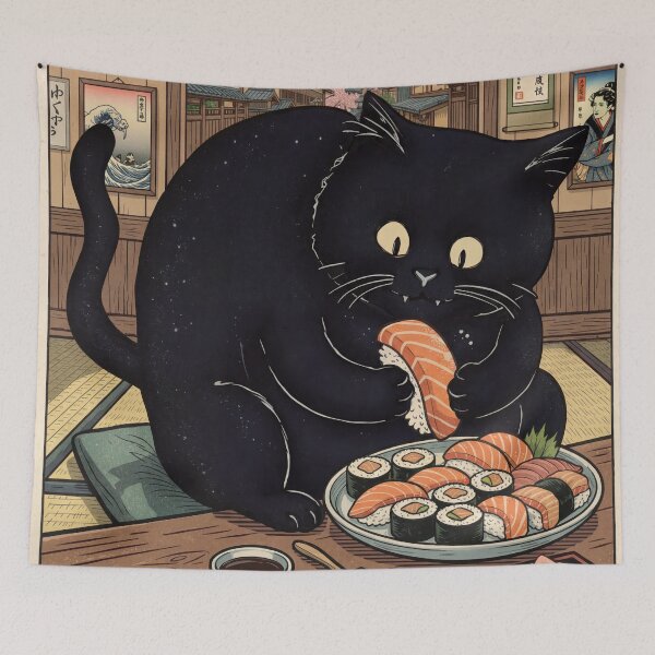 Item preview, Black Cat Devours Sushi in Kyoto designed and sold by Gourmet Neko Art | .