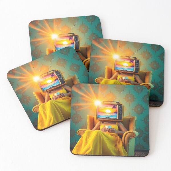 Item preview, Tropical Sunset TV Head Woman Yellow Dress Vintage Television Art designed and sold by Cine8.