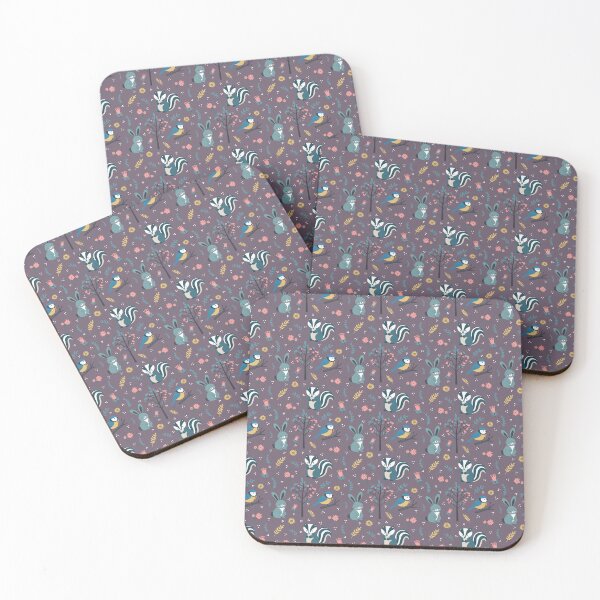 Item preview, Cute Woodland Creatures Seamless Pattern – Rabbit, Bluetit & Badger with Foliage in Purple designed and sold by WildLakePatterns.