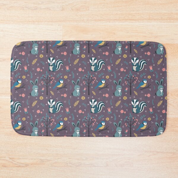 Item preview, Cute Woodland Creatures Seamless Pattern – Rabbit, Bluetit & Badger with Foliage in Purple designed and sold by WildLakePatterns.