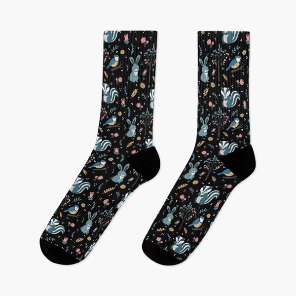 Item preview, Cute Woodland Creatures Seamless Pattern – Rabbit, Bluetit & Badger with Foliage in Black designed and sold by WildLakePatterns.