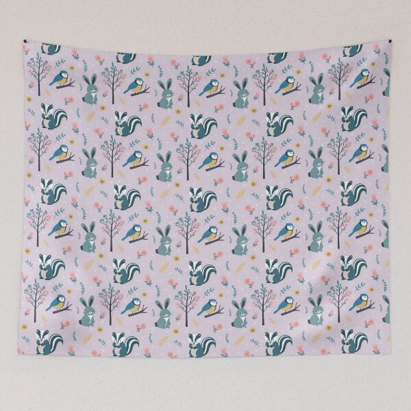 Item preview, Cute Woodland Creatures Seamless Pattern – Rabbit, Bluetit & Badger with Foliage in Pink designed and sold by WildLakePatterns.