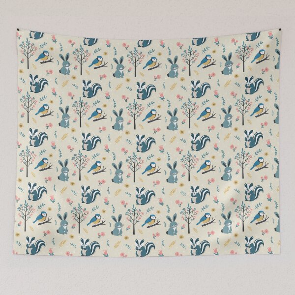 Item preview, Cute Woodland Creatures Seamless Pattern – Rabbit, Bluetit & Badger with Foliage in Yellow designed and sold by WildLakePatterns.