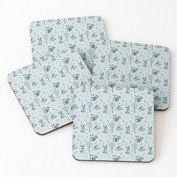 Item preview, Cute Woodland Creatures Seamless Pattern – Rabbit, Bluetit & Badger with Foliage in Blue designed and sold by WildLakePatterns.