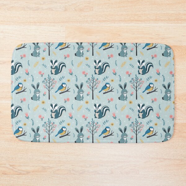Item preview, Cute Woodland Creatures Seamless Pattern – Rabbit, Bluetit & Badger with Foliage in Blue designed and sold by WildLakePatterns.