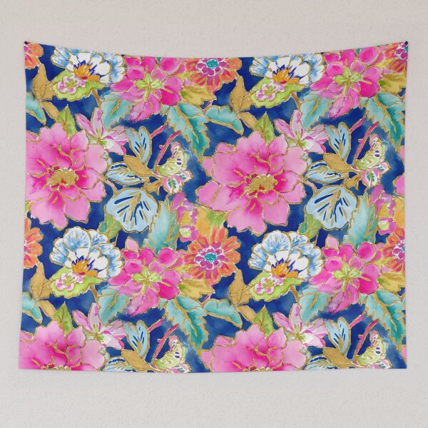 Item preview, Preppy, Grandmillennial tobacco leaves and flowers on blue  designed and sold by SophieClimaArt.
