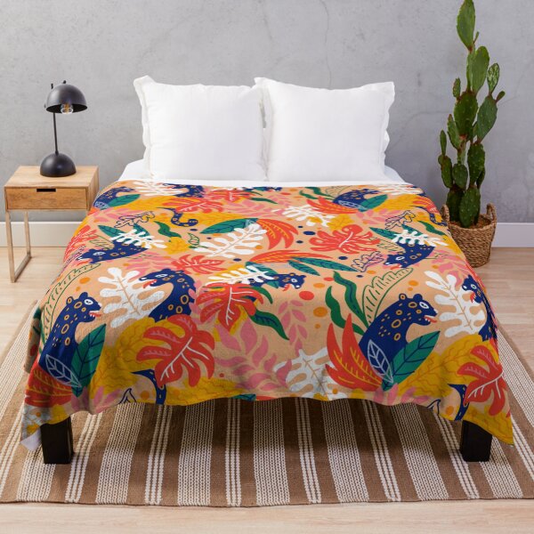Item preview, Colorful Retro Exotic Tropical Animal Print Blue Cat Floral designed and sold by RetroMaggie.